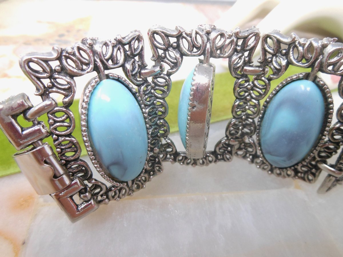 Vintage Bracelet Ornate Faux Blue Turquoise Wide Link Chunky Two Side Flip Link Selro Style Statement Jewelry Mid Century, VivianJoel.com