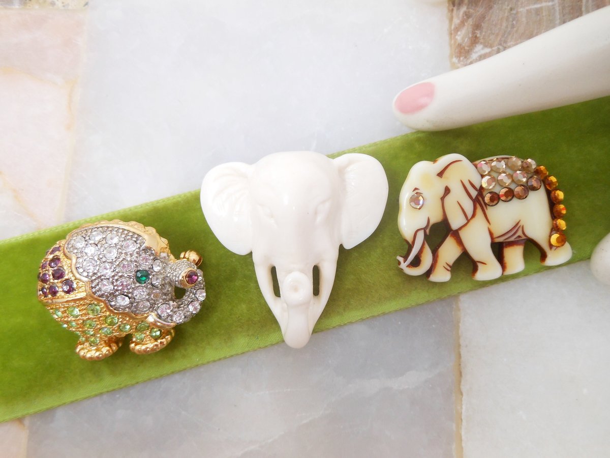 Vintage LOT 3 Elephant Rhinestone Pin Brooch Chunky Fruit Salad Crystal Figural Resin Plastic Mid Century Jewelry Gift, VivianJoel.com