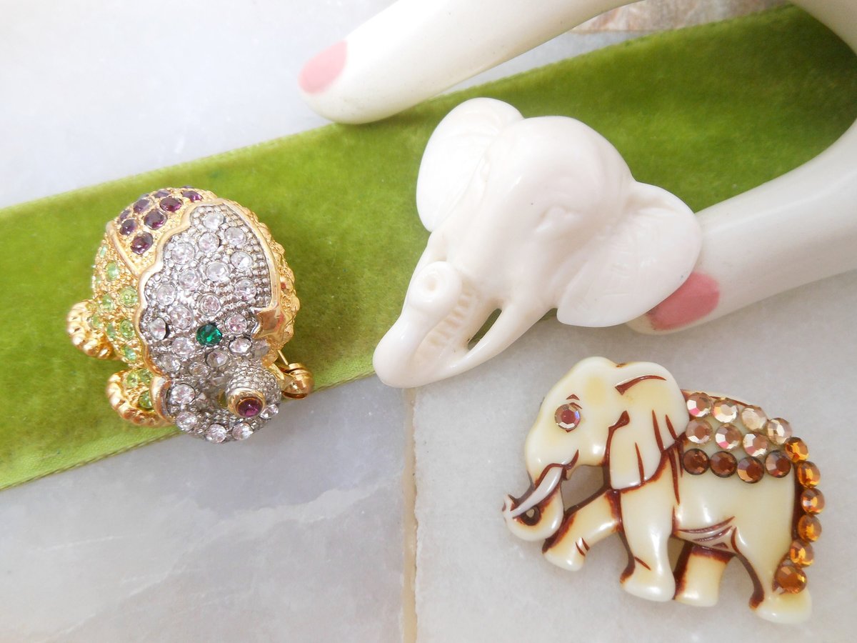 Vintage LOT 3 Elephant Rhinestone Pin Brooch Chunky Fruit Salad Crystal Figural Resin Plastic Mid Century Jewelry Gift, VivianJoel.com