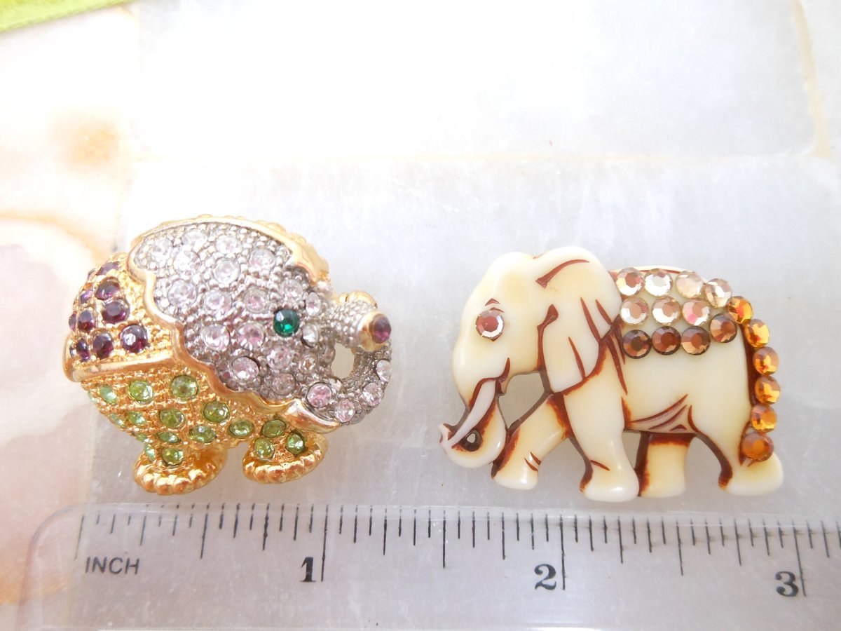 Vintage LOT 3 Elephant Rhinestone Pin Brooch Chunky Fruit Salad Crystal Figural Resin Plastic Mid Century Jewelry Gift, VivianJoel.com