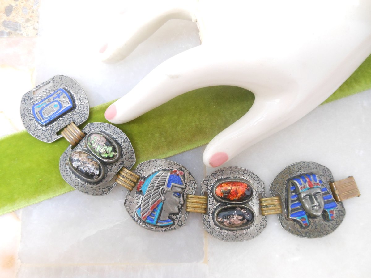 Vintage Egyptian Revival Enamel Link Bracelet Chunky Wide Face Jewelry Mid Century, VivianJoel.com