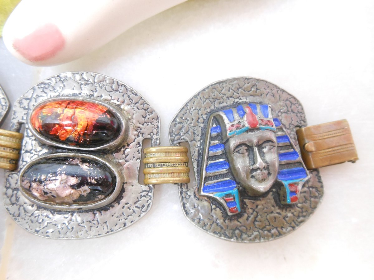 Vintage Egyptian Revival Enamel Link Bracelet Chunky Wide Face Jewelry Mid Century, VivianJoel.com
