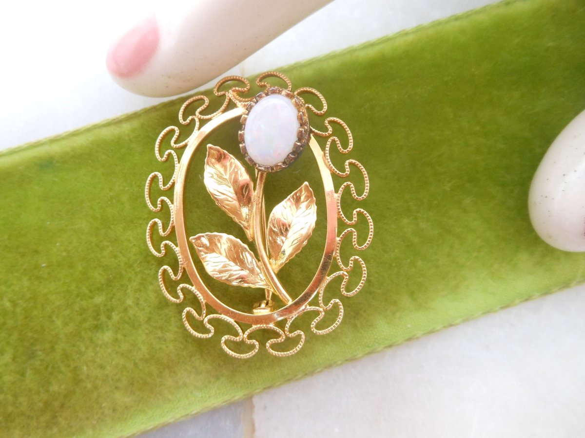Vintage Opal Brooch Filigree Pin Gold Fill KL Charles Rothman Jewelry Gift Minimalist Designer Mid Century, VivianJoel.com
