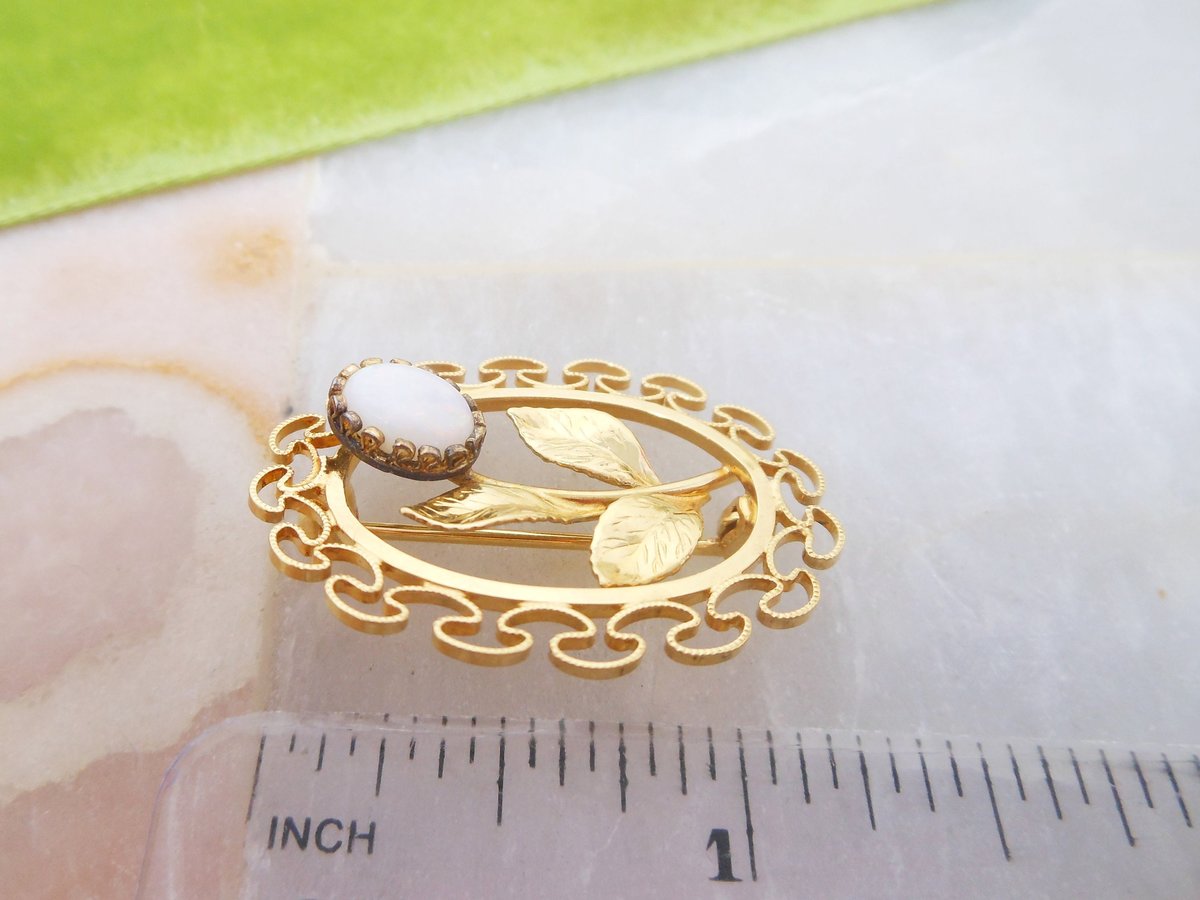 Vintage Opal Brooch Filigree Pin Gold Fill KL Charles Rothman Jewelry Gift Minimalist Designer Mid Century, VivianJoel.com