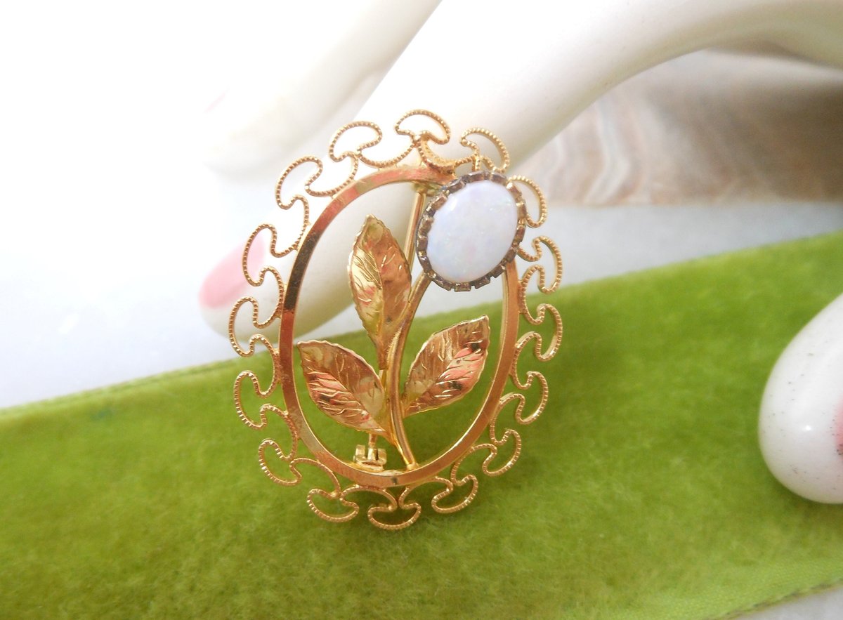 Vintage Opal Brooch Filigree Pin Gold Fill KL Charles Rothman Jewelry Gift Minimalist Designer Mid Century, VivianJoel.com