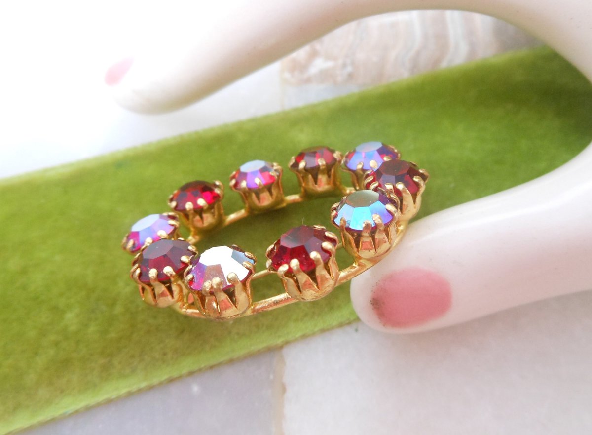 Vintage AUSTRIA Red Rhinestone Brooch Crystal Pin Oval Aurora Borealis Mid Century Jewelry, VivianJoel.com