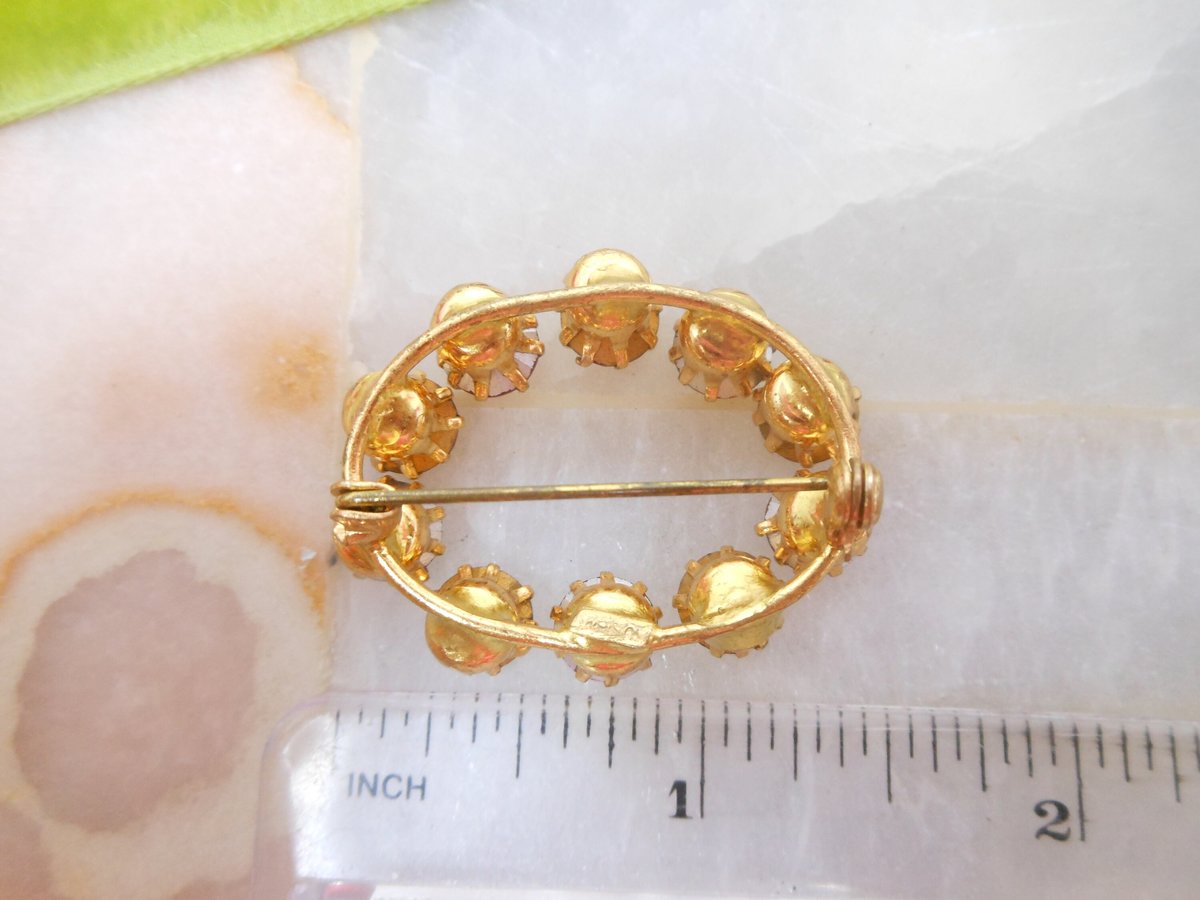 Vintage AUSTRIA Red Rhinestone Brooch Crystal Pin Oval Aurora Borealis Mid Century Jewelry, VivianJoel.com