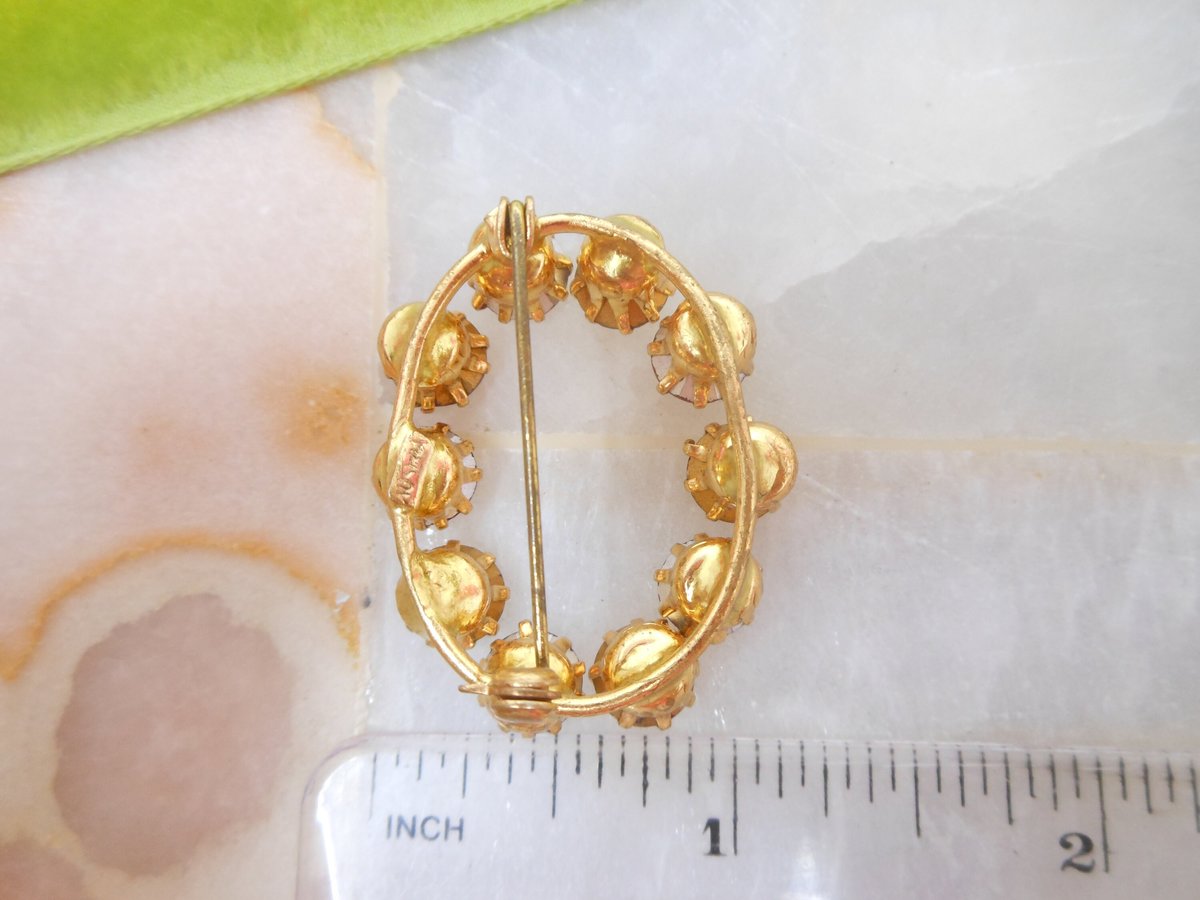 Vintage AUSTRIA Red Rhinestone Brooch Crystal Pin Oval Aurora Borealis Mid Century Jewelry, VivianJoel.com