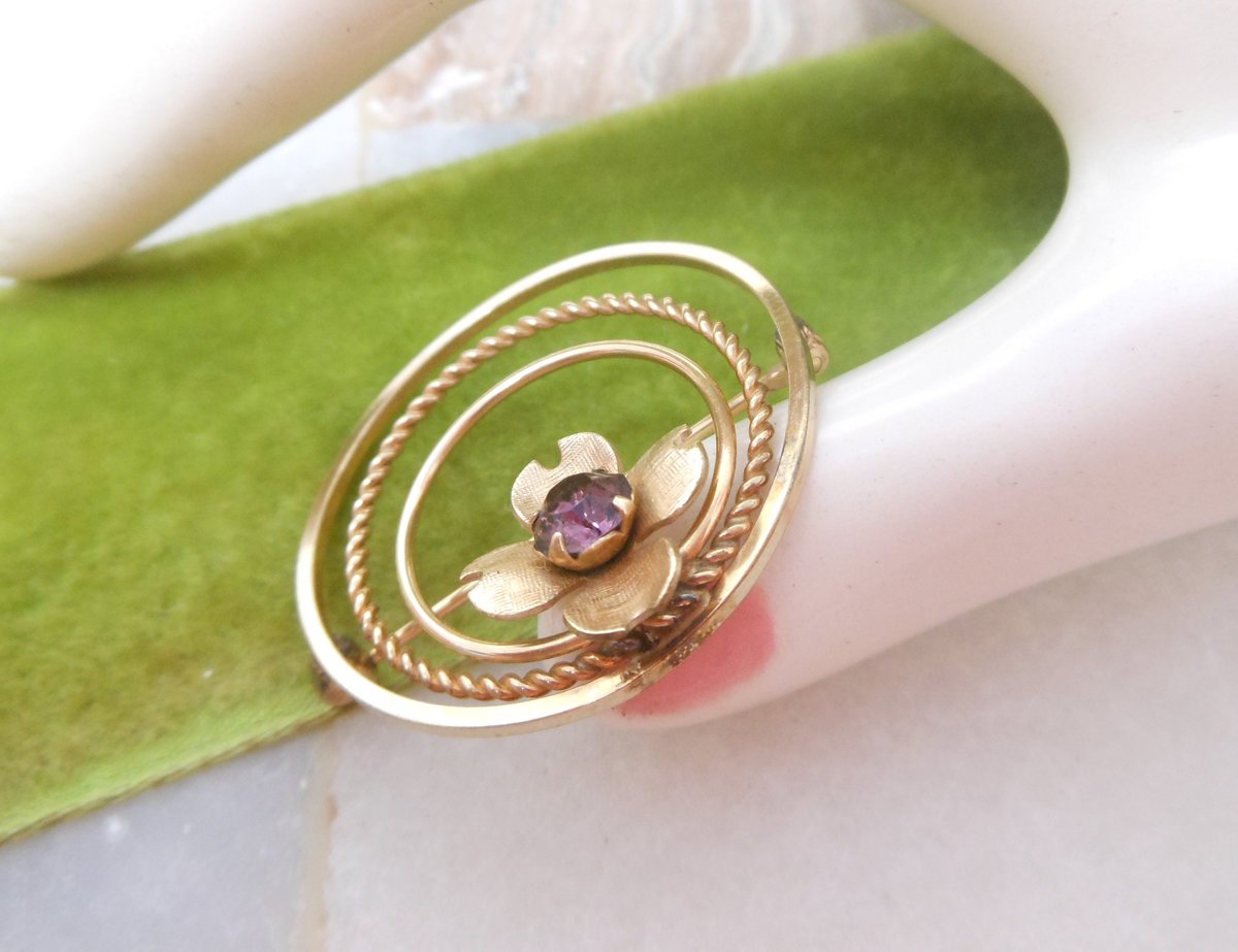 Vintage VAN DELL Circle Brooch Wreath Amethyst  Purple Crystal Gold Fill 12K Designer Pin GF Petite Mid Century Jewelry Gift, VivianJoel.com