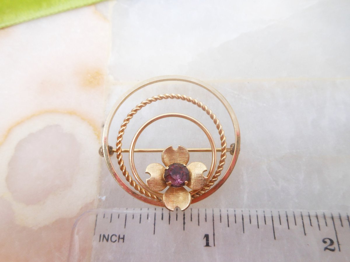 Vintage VAN DELL Circle Brooch Wreath Amethyst  Purple Crystal Gold Fill 12K Designer Pin GF Petite Mid Century Jewelry Gift, VivianJoel.com