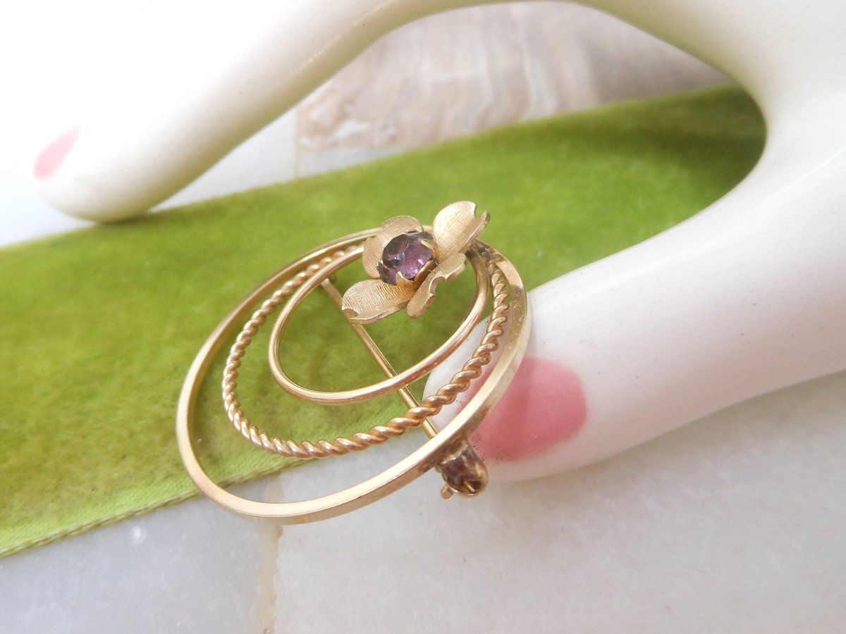 Vintage VAN DELL Circle Brooch Wreath Amethyst  Purple Crystal Gold Fill 12K Designer Pin GF Petite Mid Century Jewelry Gift, VivianJoel.com