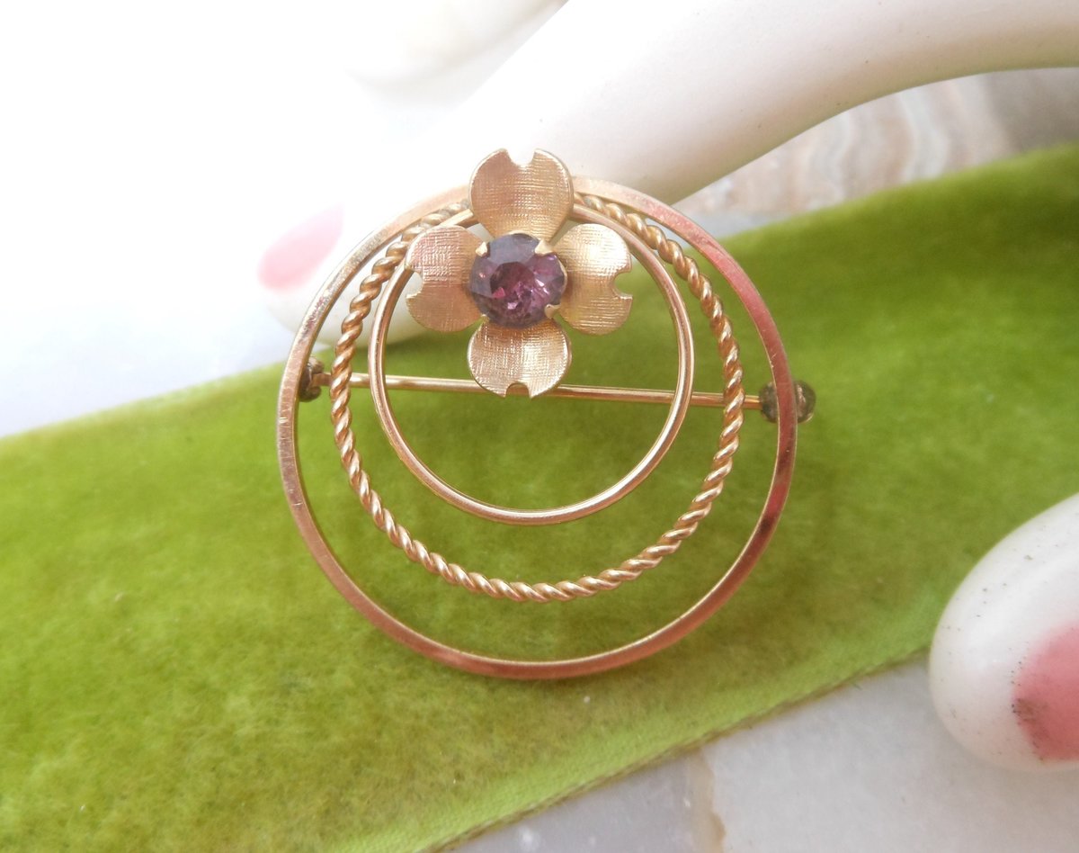 Vintage VAN DELL Circle Brooch Wreath Amethyst  Purple Crystal Gold Fill 12K Designer Pin GF Petite Mid Century Jewelry Gift, VivianJoel.com