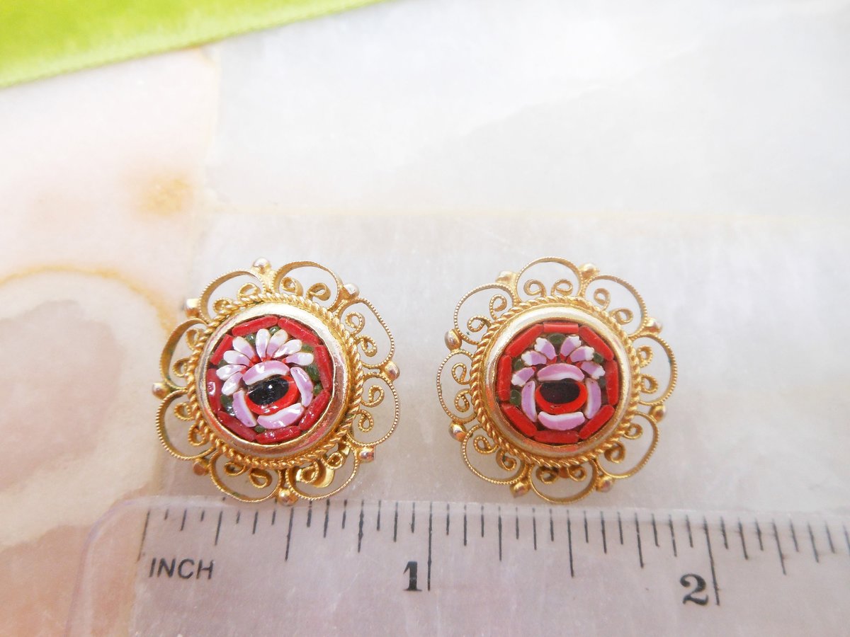 Vintage Flower Micro Mosaic Art Glass Tile Earrings Clip On Ornate Filigree Micromosaic Mid Century Jewelry Gift, VivianJoel.com