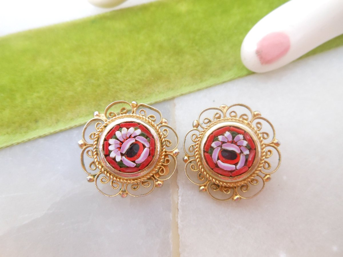 Vintage Flower Micro Mosaic Art Glass Tile Earrings Clip On Ornate Filigree Micromosaic Mid Century Jewelry Gift, VivianJoel.com