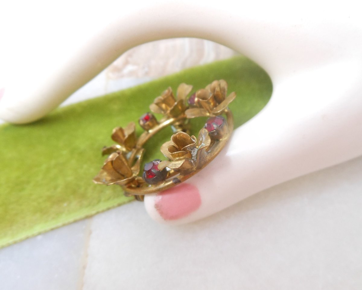 Vintage AUSTRIA Rhinestone Red Brooch Crystal Pin Flower Wreath Designer Regency Revival Mid Century Jewelry, VivianJoel.com