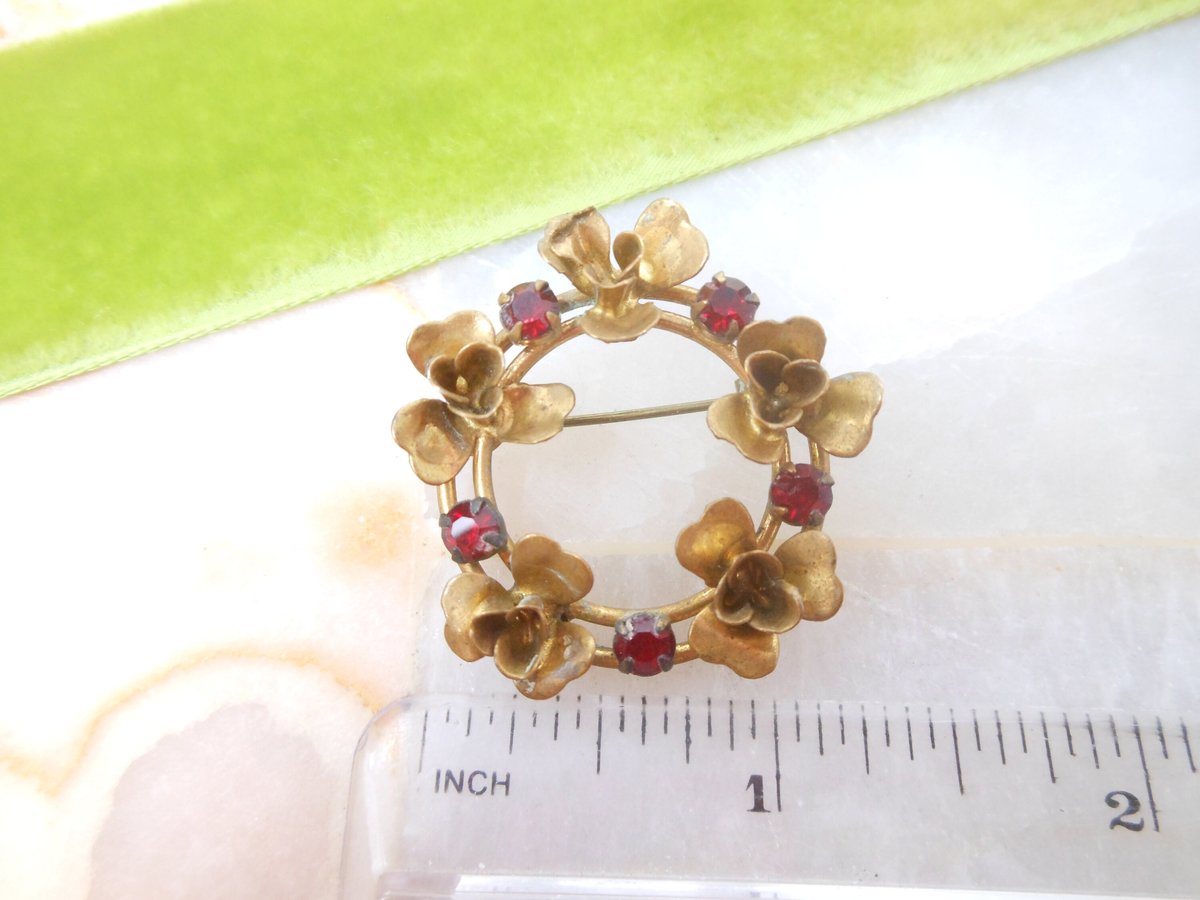 Vintage AUSTRIA Rhinestone Red Brooch Crystal Pin Flower Wreath Designer Regency Revival Mid Century Jewelry, VivianJoel.com