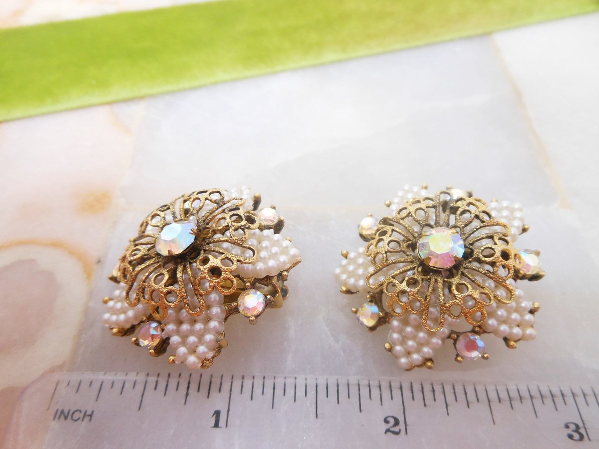 Vintage SELINI Rhinestone Flower Earrings Clip On Tiny Faux Pearl Ornate Cluster Designer Wedding SELRO Mid Century Jewelry, VivianJoel.com