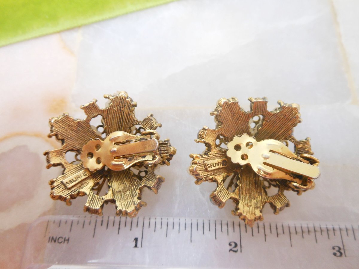 Vintage SELINI Rhinestone Flower Earrings Clip On Tiny Faux Pearl Ornate Cluster Designer Wedding SELRO Mid Century Jewelry, VivianJoel.com