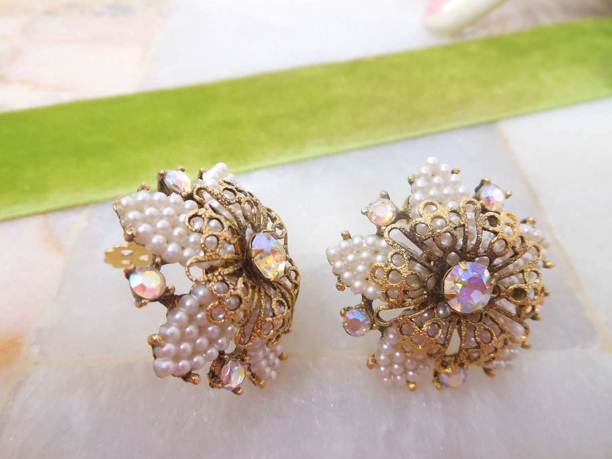 Vintage SELINI Rhinestone Flower Earrings Clip On Tiny Faux Pearl Ornate Cluster Designer Wedding SELRO Mid Century Jewelry, VivianJoel.com