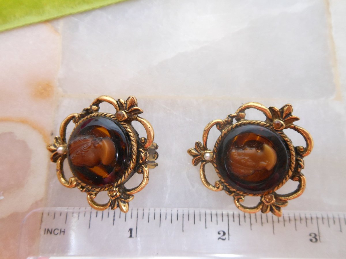 Vintage Glass Cameo Earrings Clip On Chunky Rhinestone Pearl Ornate Regency Revival Mid Century Jewelry Gift, VivianJoel.com