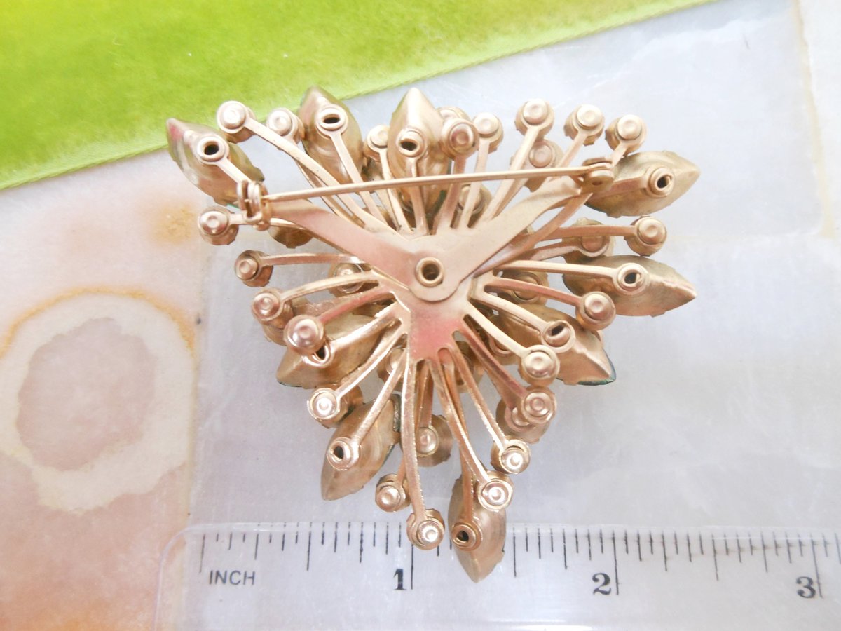 Vintage Emerald Green Brooch Rhinestone Pin Starburst Explosion Triangle Shield Jewelry Mid Century Gift, VivianJoel.com