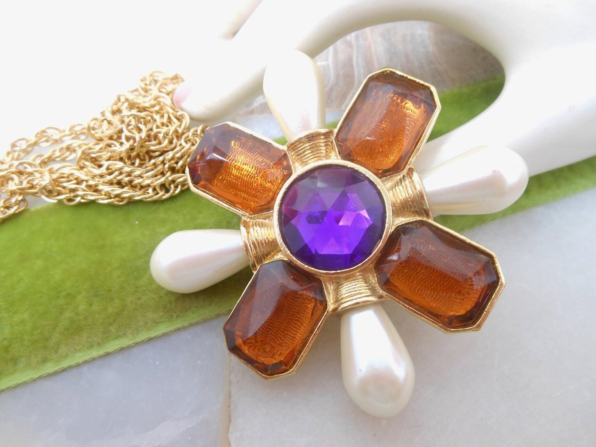 Vintage AVON Maltese Cross Pendant Necklace Mogul Pearl Chunky Brooch Statement Runway Jewelry Gift Classic, VivianJoel.com