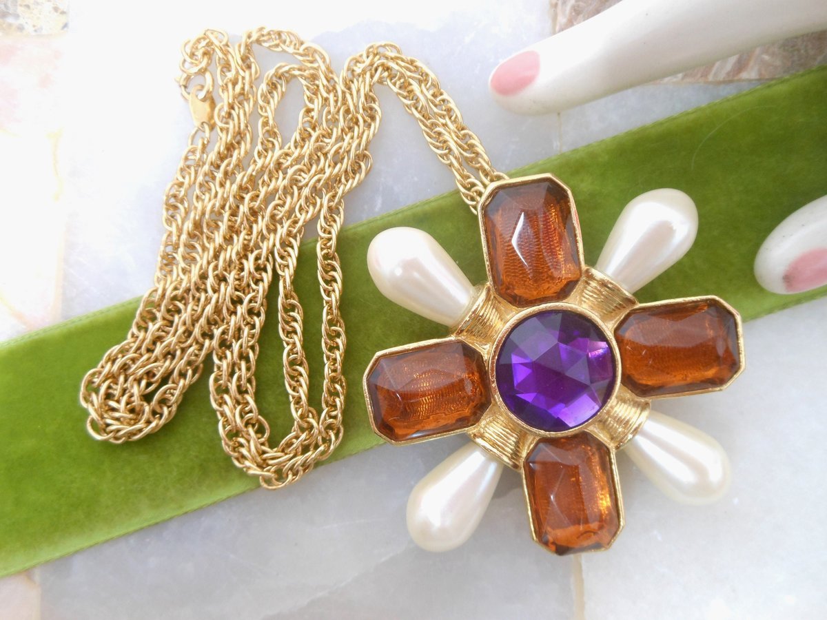 Vintage AVON Maltese Cross Pendant Necklace Mogul Pearl Chunky Brooch Statement Runway Jewelry Gift Classic, VivianJoel.com