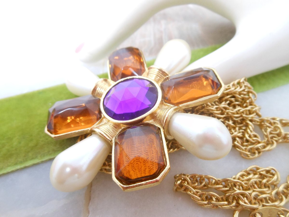 Vintage AVON Maltese Cross Pendant Necklace Mogul Pearl Chunky Brooch Statement Runway Jewelry Gift Classic, VivianJoel.com