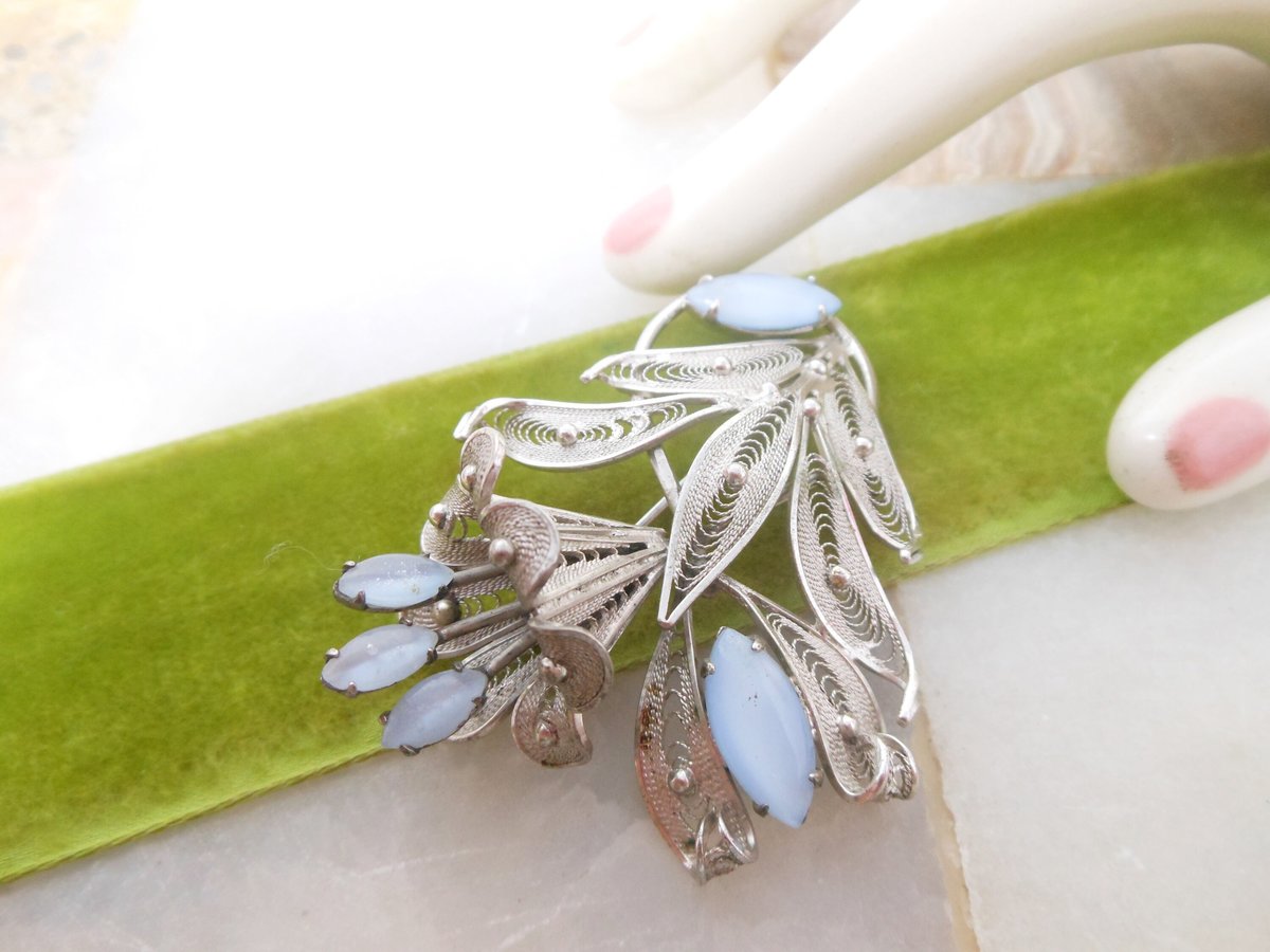 Vintage ENZELL Sterling Silver Brooch Filigree Flower Bouquet Pin Blue Moonstone Glass 925 Designer Mid Century Jewelry Gift, VivianJoel.com