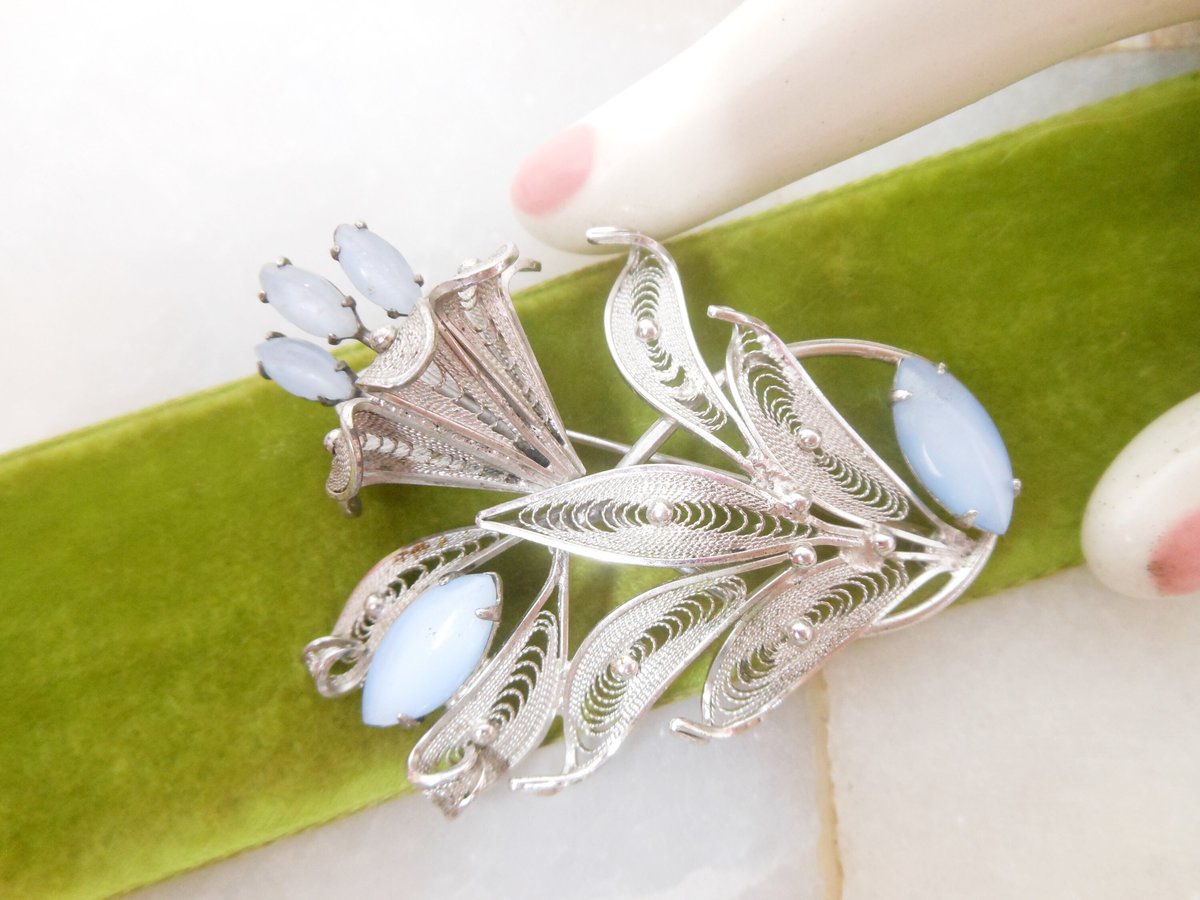 Vintage ENZELL Sterling Silver Brooch Filigree Flower Bouquet Pin Blue Moonstone Glass 925 Designer Mid Century Jewelry Gift, VivianJoel.com