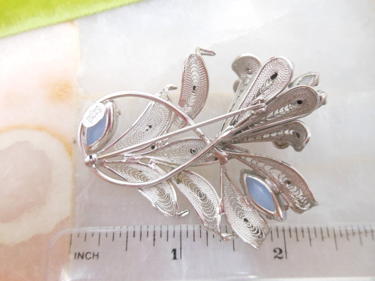 Vintage ENZELL Sterling Silver Brooch Filigree Flower Bouquet Pin Blue Moonstone Glass 925 Designer Mid Century Jewelry Gift, VivianJoel.com