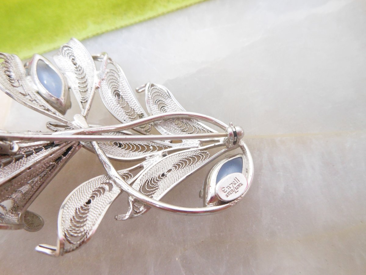 Vintage ENZELL Sterling Silver Brooch Filigree Flower Bouquet Pin Blue Moonstone Glass 925 Designer Mid Century Jewelry Gift, VivianJoel.com