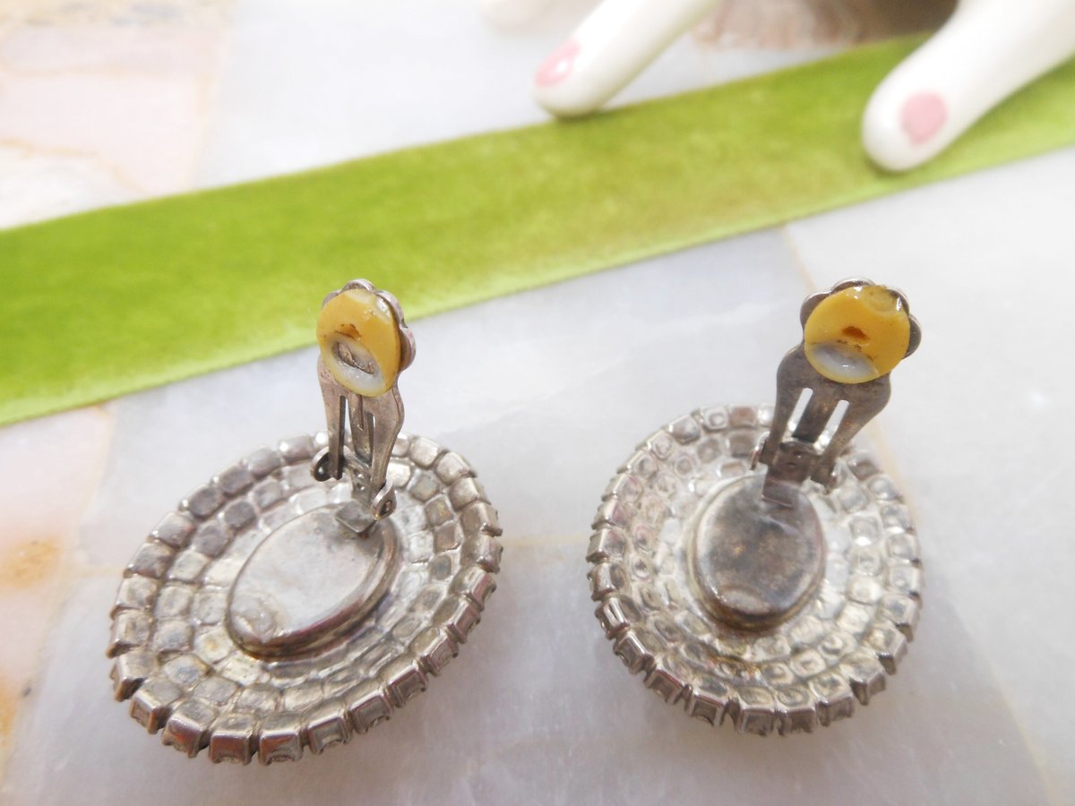 Vintage Black Rhinestone Earrings Deco Clip On Jumbo Black Regency Renaissance Revival Jewelry Mid Century, VivianJoel.com