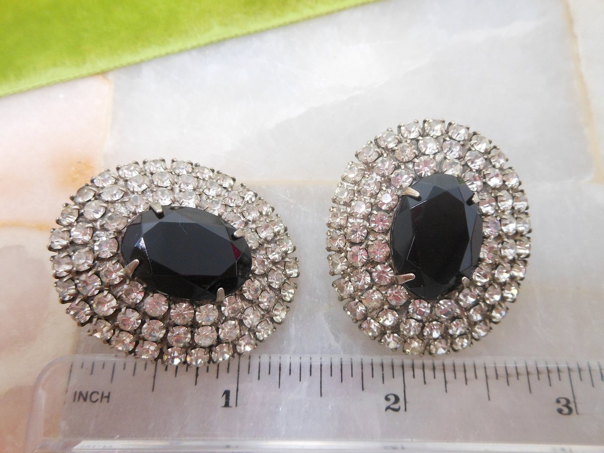 Vintage Black Rhinestone Earrings Deco Clip On Jumbo Black Regency Renaissance Revival Jewelry Mid Century, VivianJoel.com