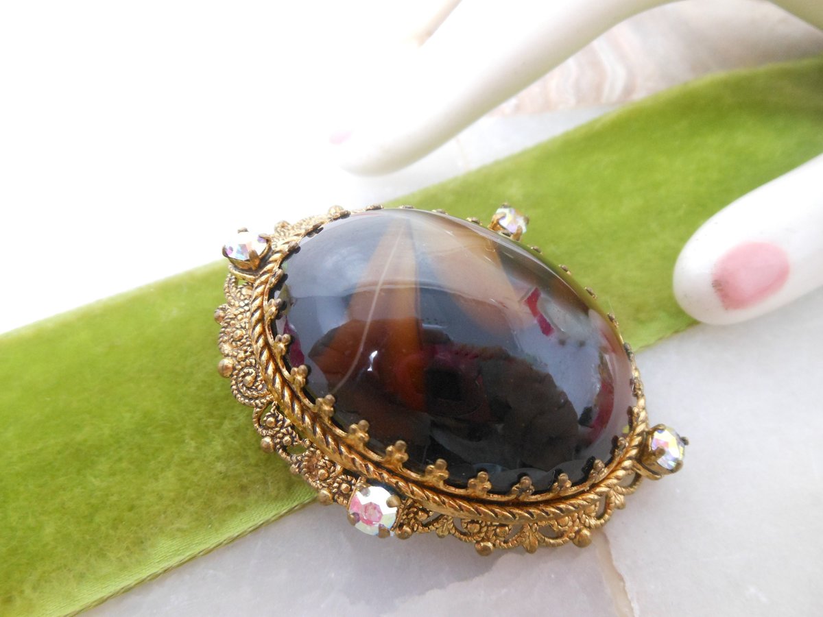 Vintage WEST GERMANY Brooch Root Beer Slag Art Glass Pin Ornate Gift Victorian Regency Revival Jewelry Mid Century, VivianJoel.com