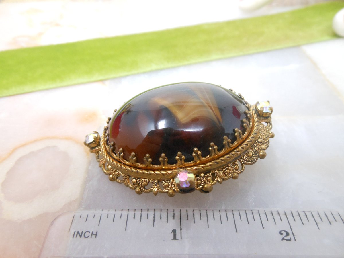 Vintage WEST GERMANY Brooch Root Beer Slag Art Glass Pin Ornate Gift Victorian Regency Revival Jewelry Mid Century, VivianJoel.com