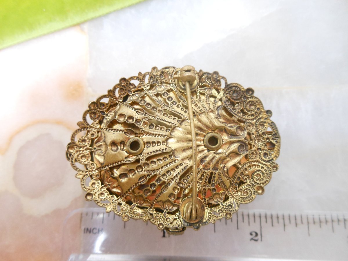 Vintage WEST GERMANY Brooch Root Beer Slag Art Glass Pin Ornate Gift Victorian Regency Revival Jewelry Mid Century, VivianJoel.com
