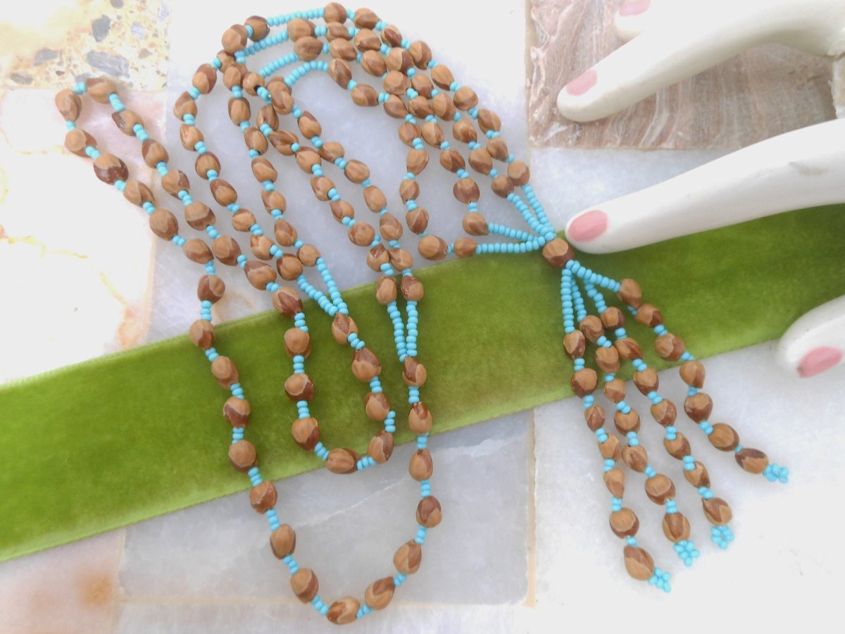 Vintage Blue Seed Bead Pendant Necklace Tassel Fringe Aqua Boho Summer Mid Century Artisan Jewelry Gift, VivianJoel.com