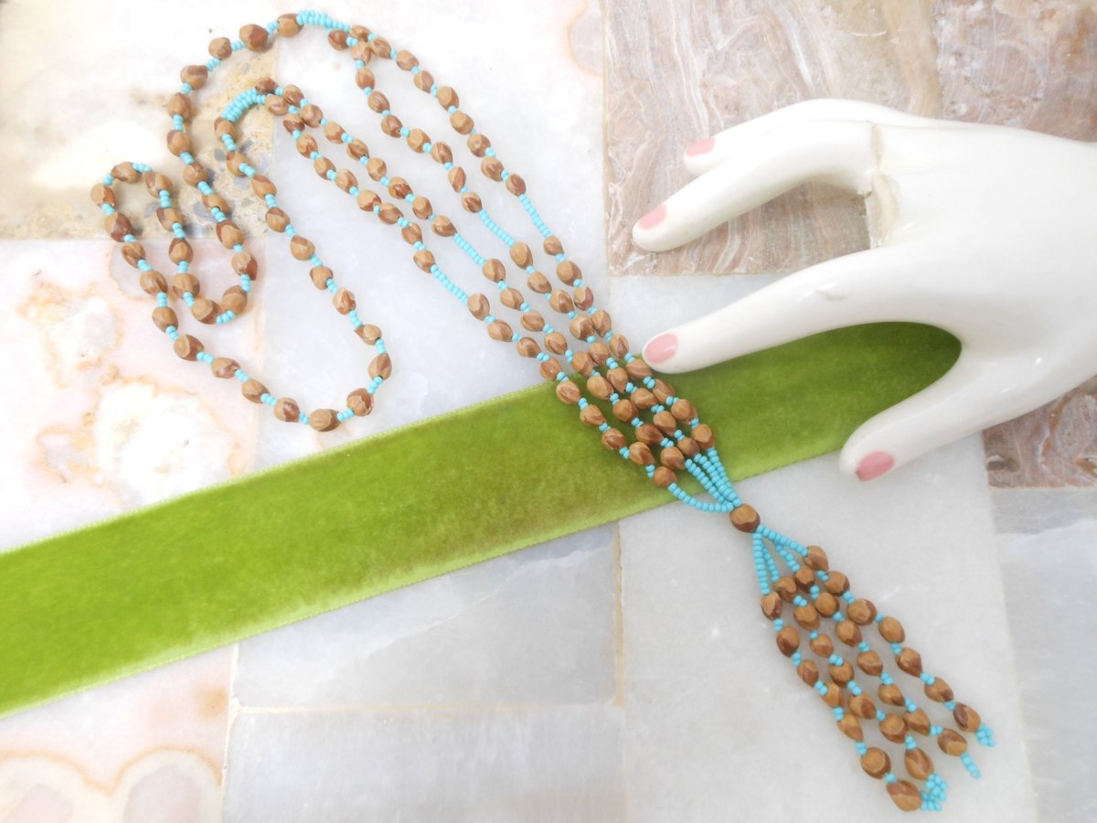 Vintage Blue Seed Bead Pendant Necklace Tassel Fringe Aqua Boho Summer Mid Century Artisan Jewelry Gift, VivianJoel.com