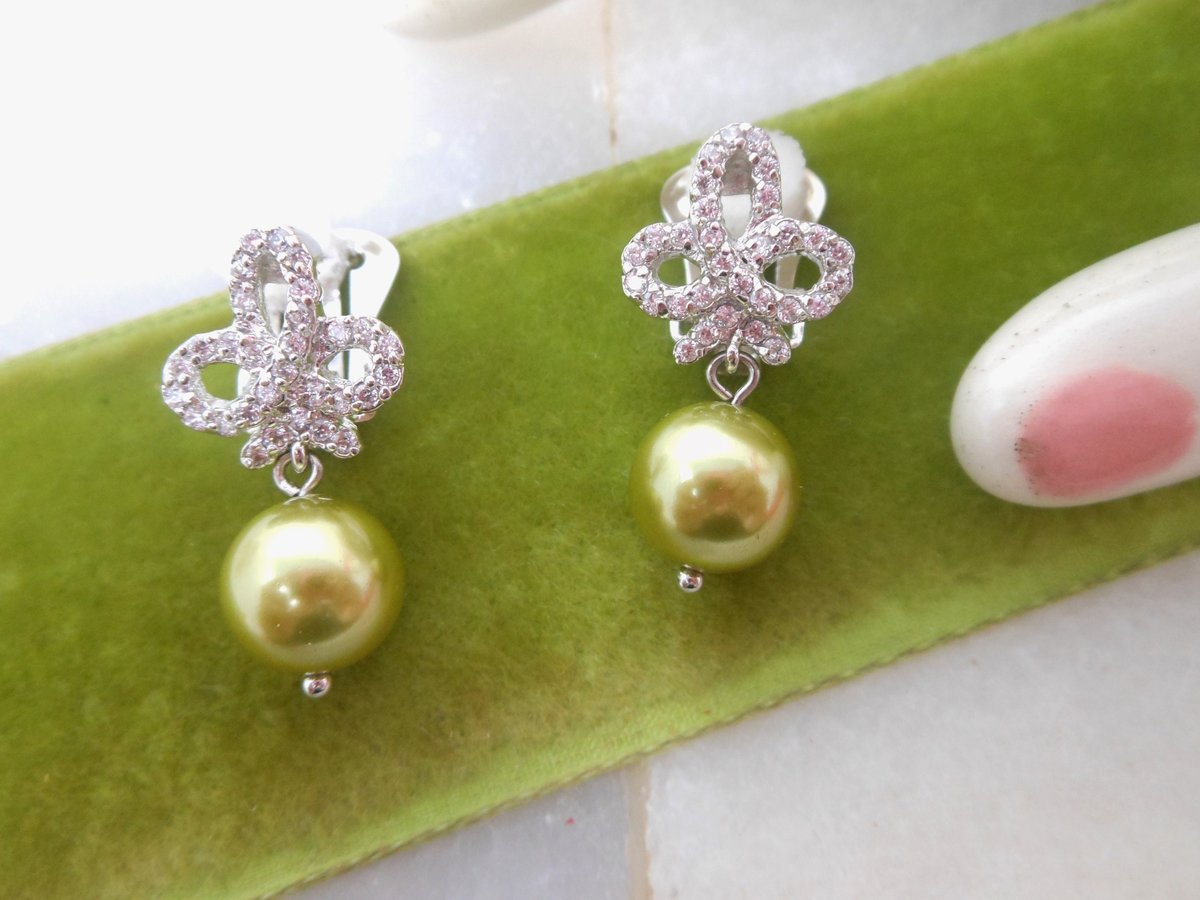 Vintage NOLAN MILLER Earrings Rhinestone Bow Green Pearl Dangle Drop Clip On Designer Glamour Jewelry Gift, VivianJoel.com