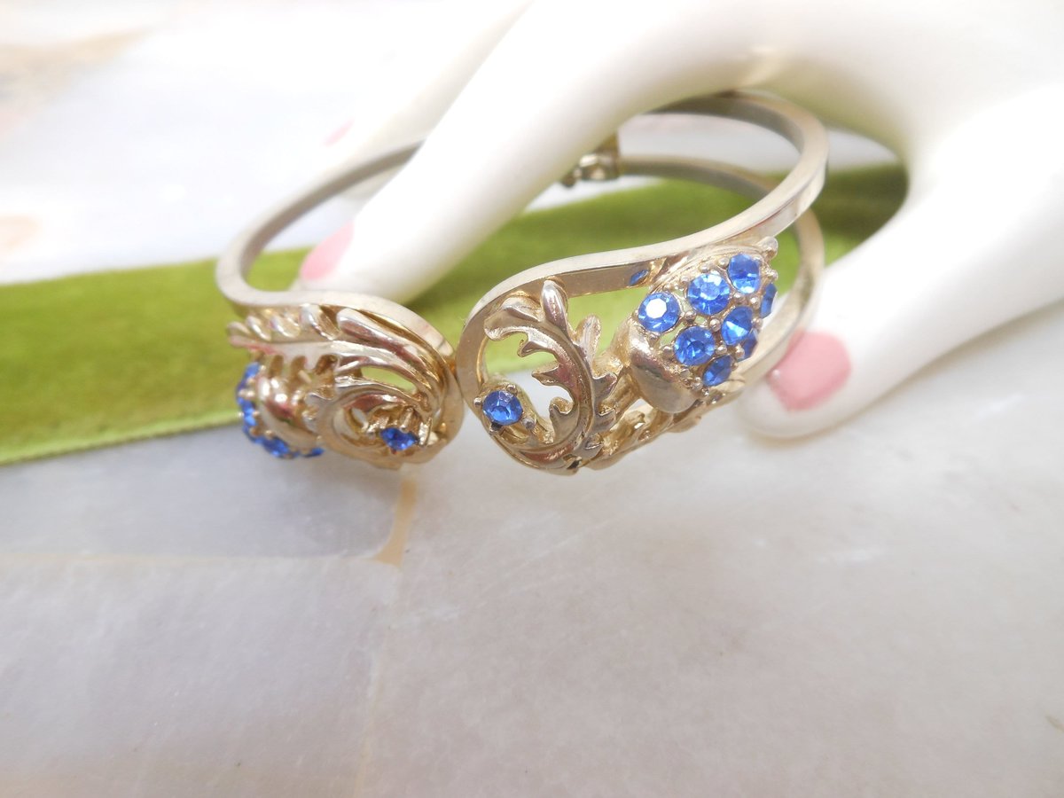 Vintage Rhinestone Blue Bracelet Cuff Clamper Bangle Mid Century Jewelry Gift, VivianJoel.com