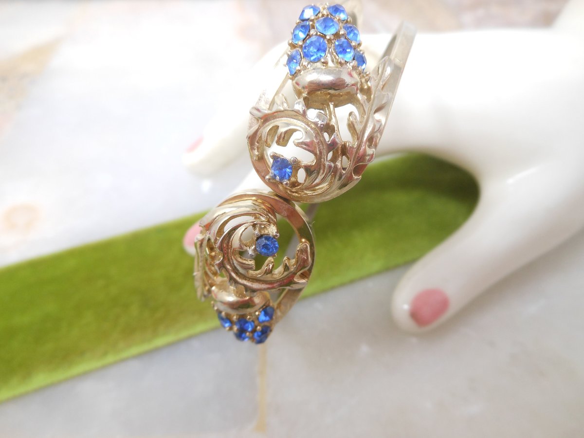 Vintage Rhinestone Blue Bracelet Cuff Clamper Bangle Mid Century Jewelry Gift, VivianJoel.com