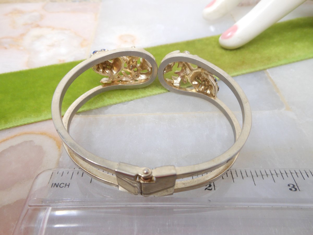 Vintage Rhinestone Blue Bracelet Cuff Clamper Bangle Mid Century Jewelry Gift, VivianJoel.com