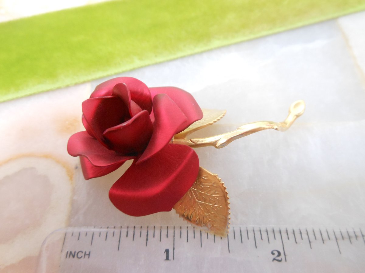 Vintage Red Rose Enamel Flower Pin Brooch Mid Century Designer Jewelry Mid Century Gift, VivianJoel.com