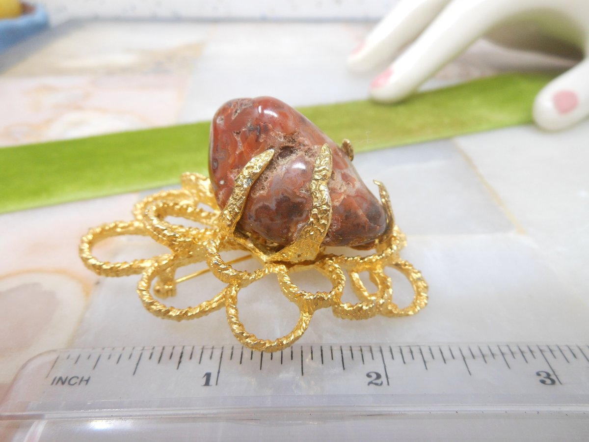 Vintage Chunky Big Agate Brooch Stone Pin Gold Tone Plate Mid Century Jewelry Gift, VivianJoel.com