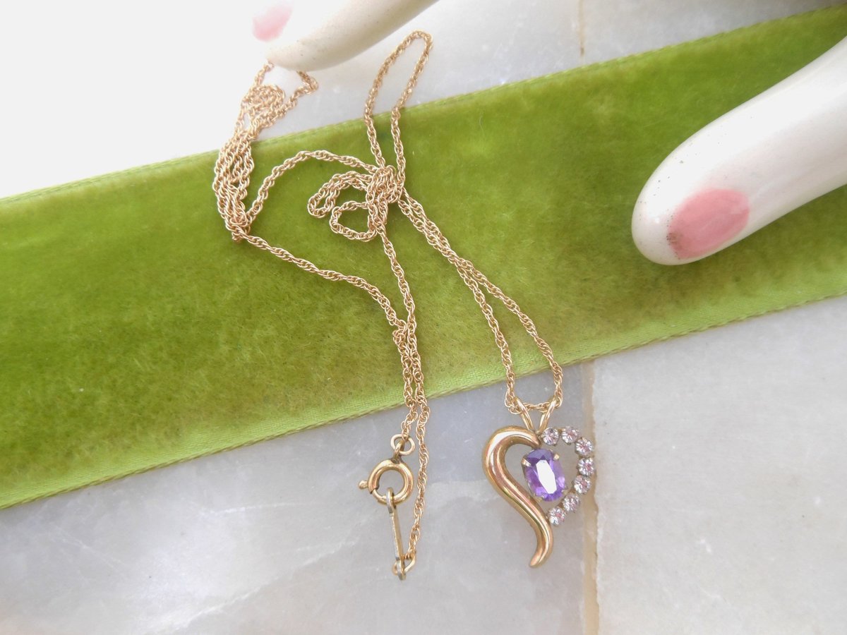 Vintage KREMENTZ Heart Pendant Necklace Minimalist Purple Clear Crystal Gold Overlay Designer Mid Century Jewelry Gift, VivianJoel.com