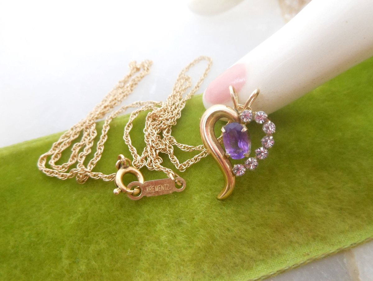 Vintage KREMENTZ Heart Pendant Necklace Minimalist Purple Clear Crystal Gold Overlay Designer Mid Century Jewelry Gift, VivianJoel.com