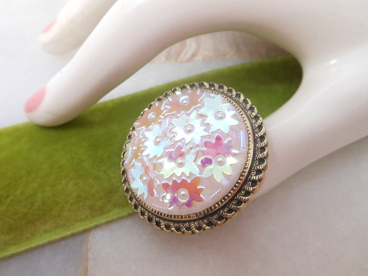 Vintage WEST GERMANY Scarf Clip Iridescent Carnival Glass Flower Pin Brooch Jewelry Gift Mid Century, VivianJoel.com