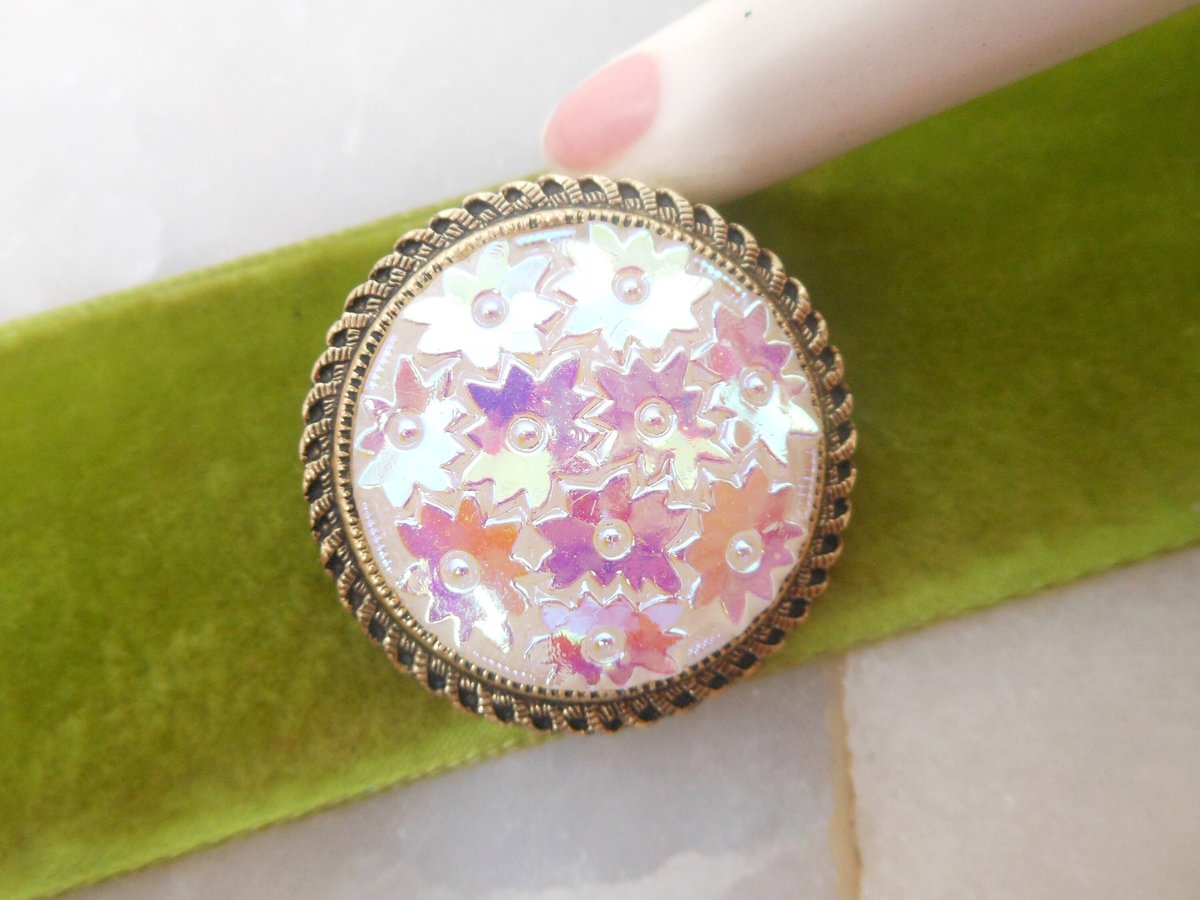 Vintage WEST GERMANY Scarf Clip Iridescent Carnival Glass Flower Pin Brooch Jewelry Gift Mid Century, VivianJoel.com