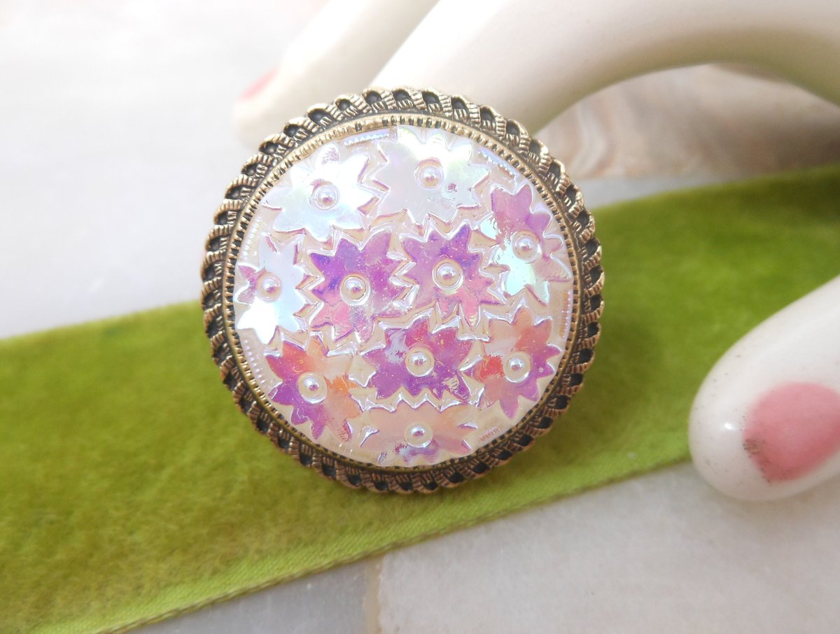 Vintage WEST GERMANY Scarf Clip Iridescent Carnival Glass Flower Pin Brooch Jewelry Gift Mid Century, VivianJoel.com